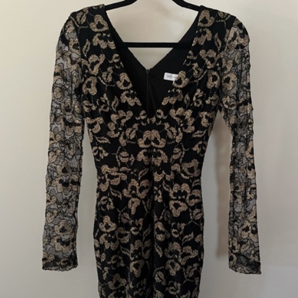 Dress The Population Erica black gold lace long sleeve mini dress plunge XS - Picture 5 of 9